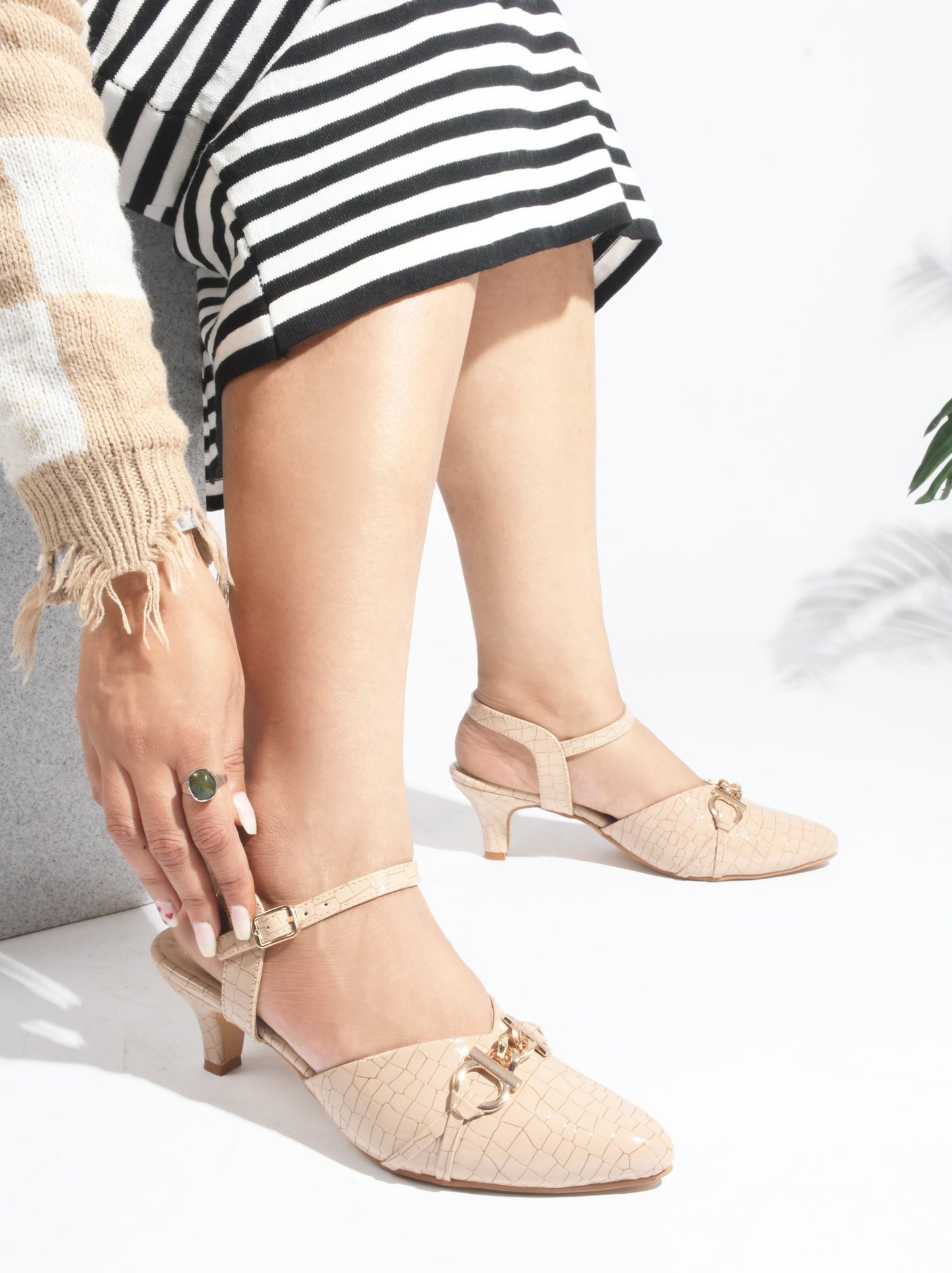Kitten heels for women beige croc textured pointed toe ankle strap buckle gold embellished slingback sandals