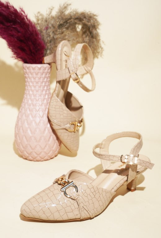 Ankle Strap Bellie Heels With Bows Beige