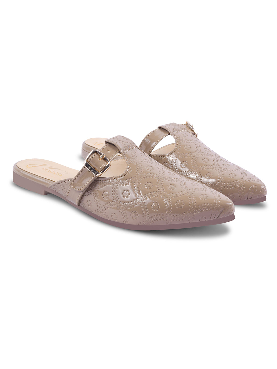 JM Looks women's pointed-toe mules with an embossed pattern and a decorative buckle strap
 Beige