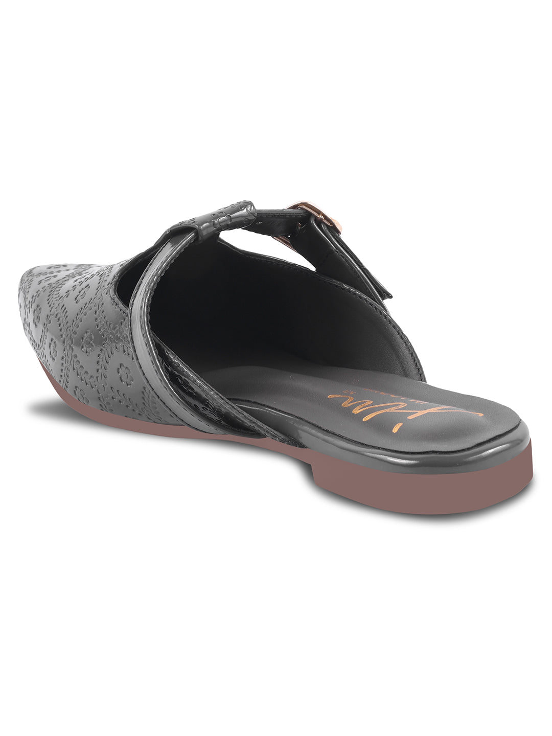 JM Looks women's pointed-toe mules with an embossed pattern and a decorative buckle strap
 Grey