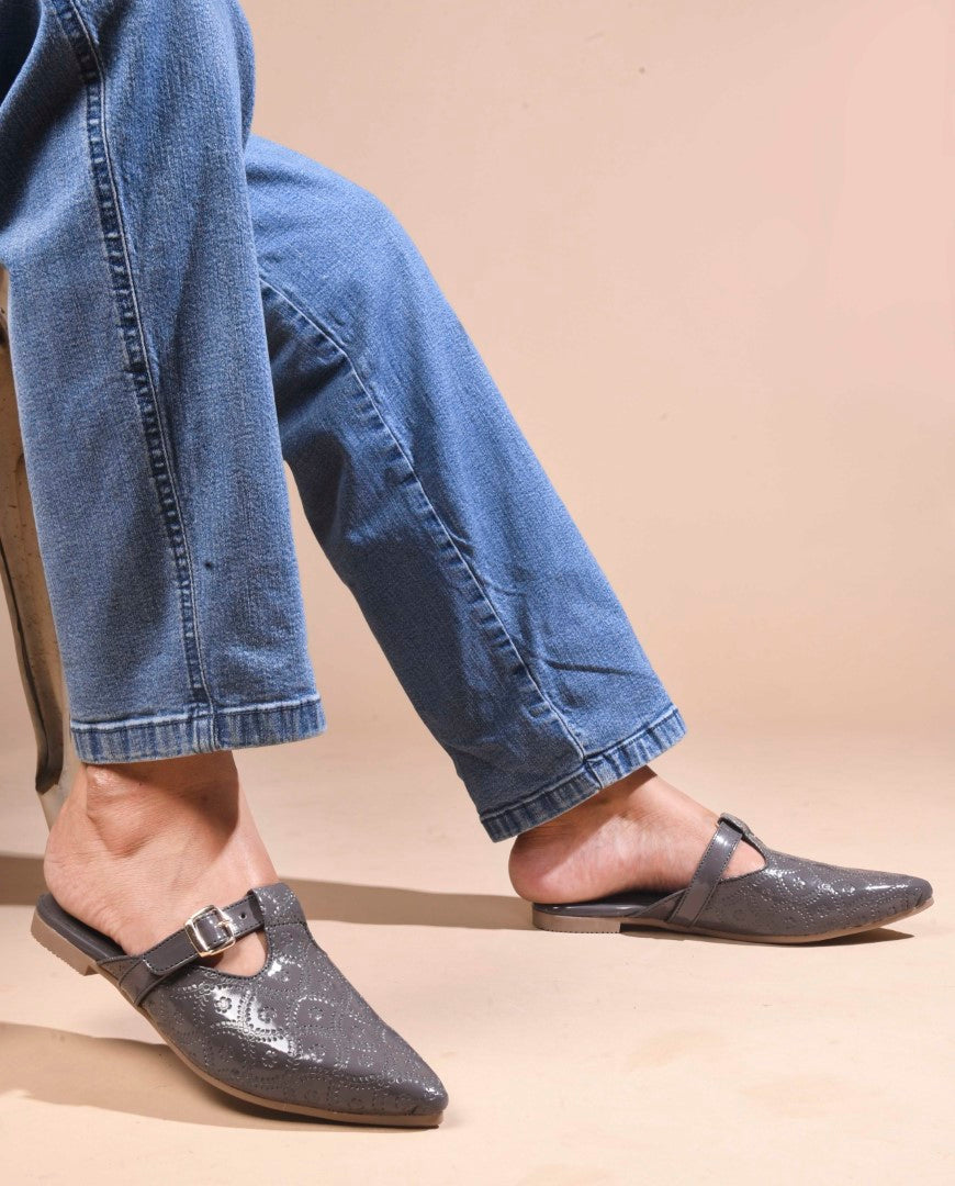 JM Looks women's pointed-toe mules with an embossed pattern and a decorative buckle strap
 Grey