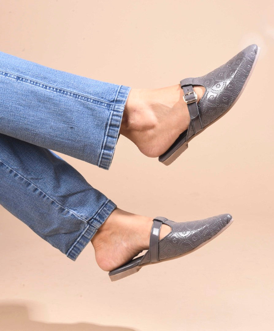 JM Looks women's pointed-toe mules with an embossed pattern and a decorative buckle strap
 Grey