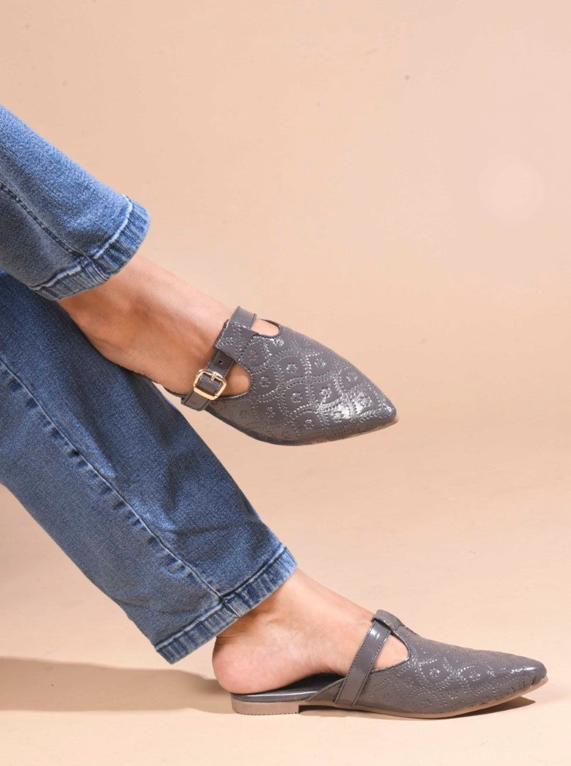 JM Looks women's pointed-toe mules with an embossed pattern and a decorative buckle strap
 Grey