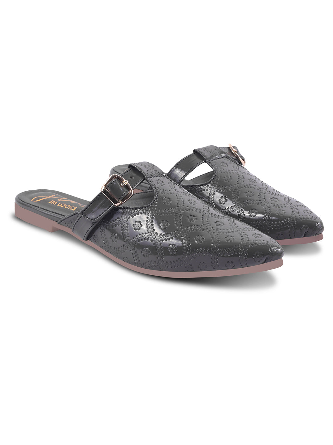 JM Looks women's pointed-toe mules with an embossed pattern and a decorative buckle strap
 Grey