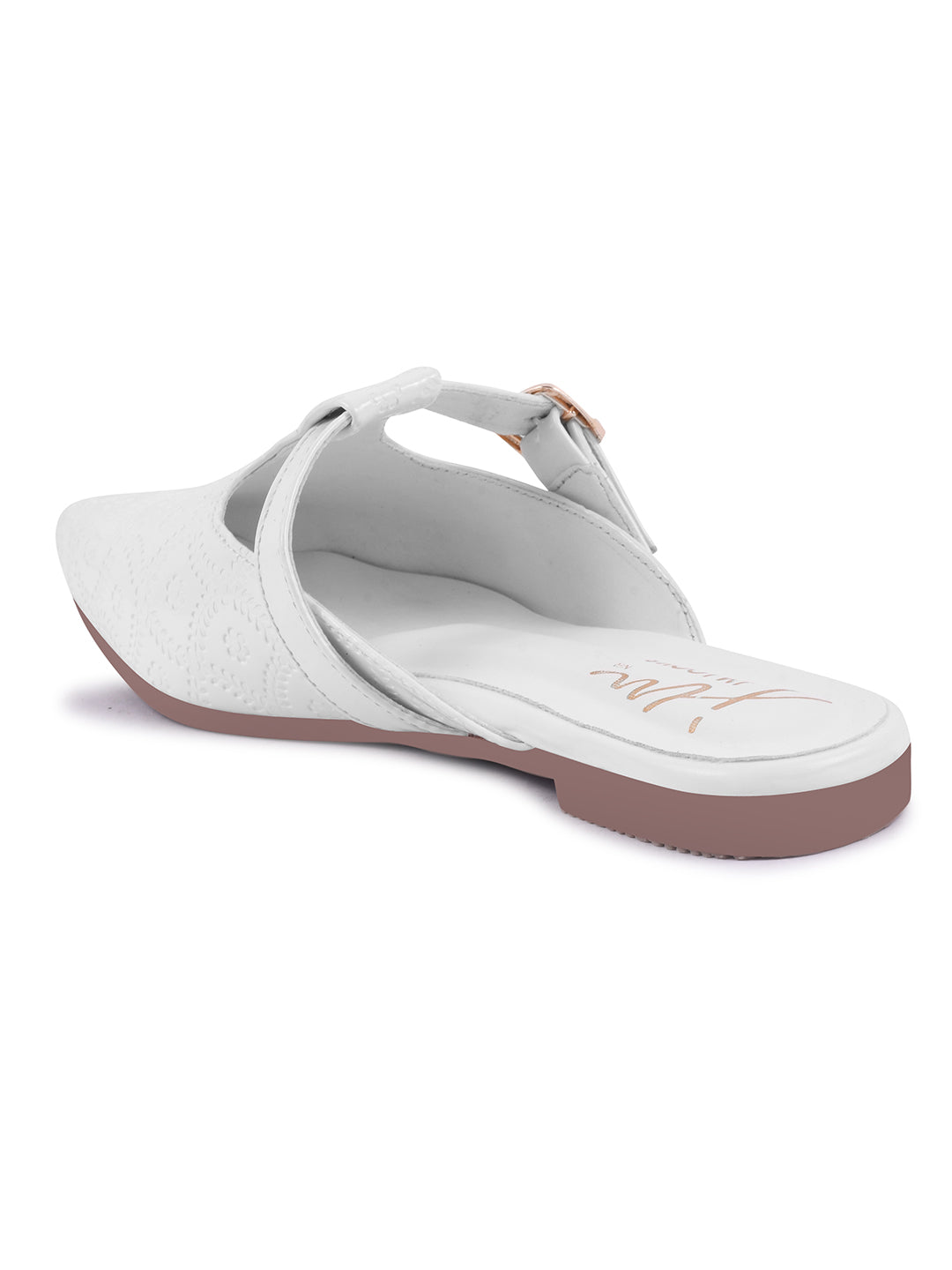 JM Looks women's pointed-toe mules with an embossed pattern and a decorative buckle strap
 White