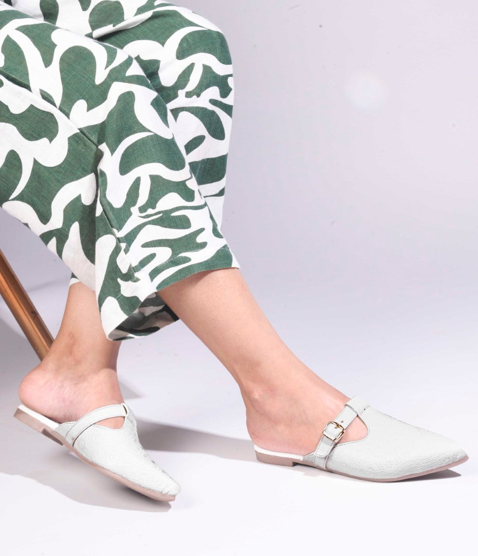 JM Looks women's pointed-toe mules with an embossed pattern and a decorative buckle strap
 White