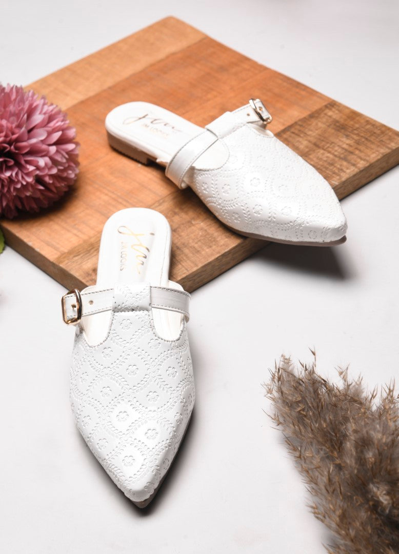JM Looks women's pointed-toe mules with an embossed pattern and a decorative buckle strap
 White
