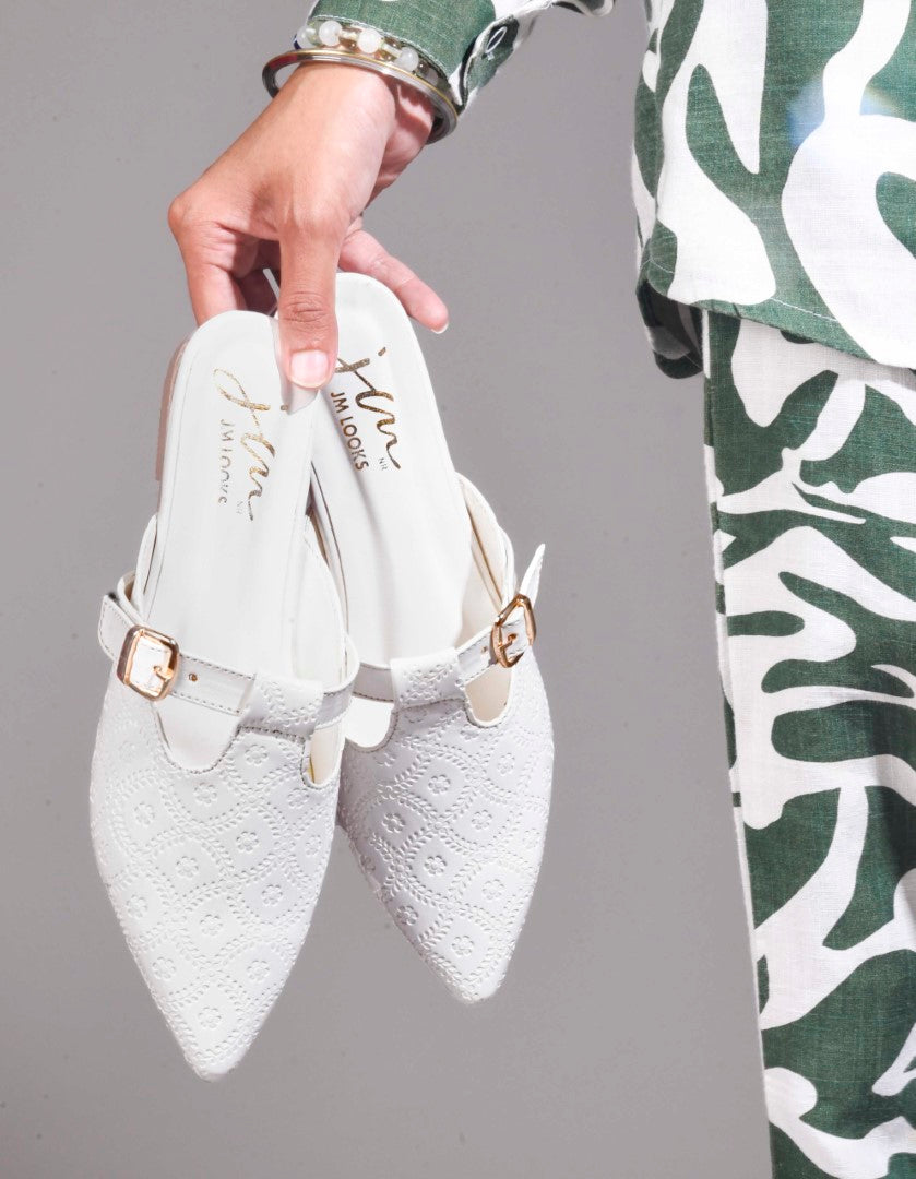 JM Looks women's pointed-toe mules with an embossed pattern and a decorative buckle strap
 White