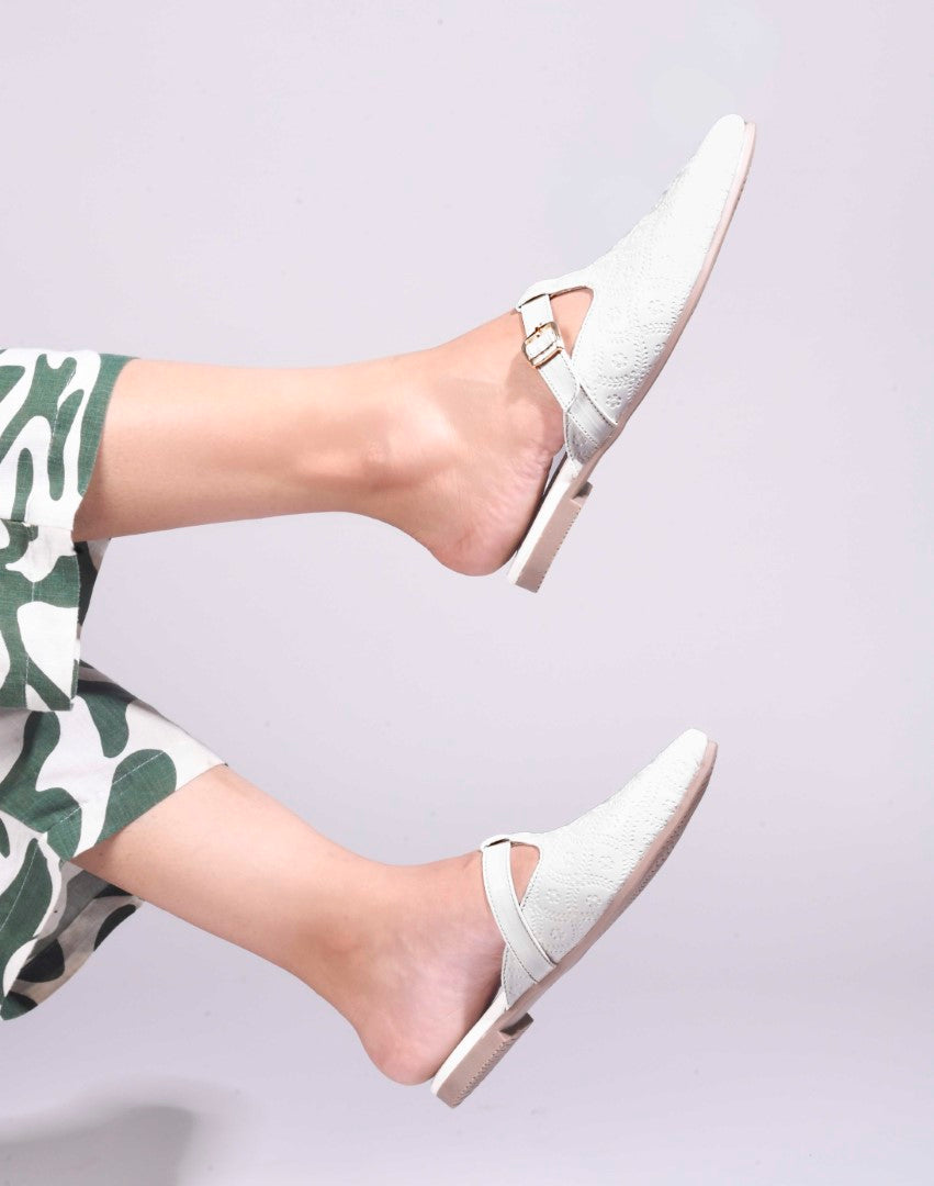 JM Looks women's pointed-toe mules with an embossed pattern and a decorative buckle strap
 White