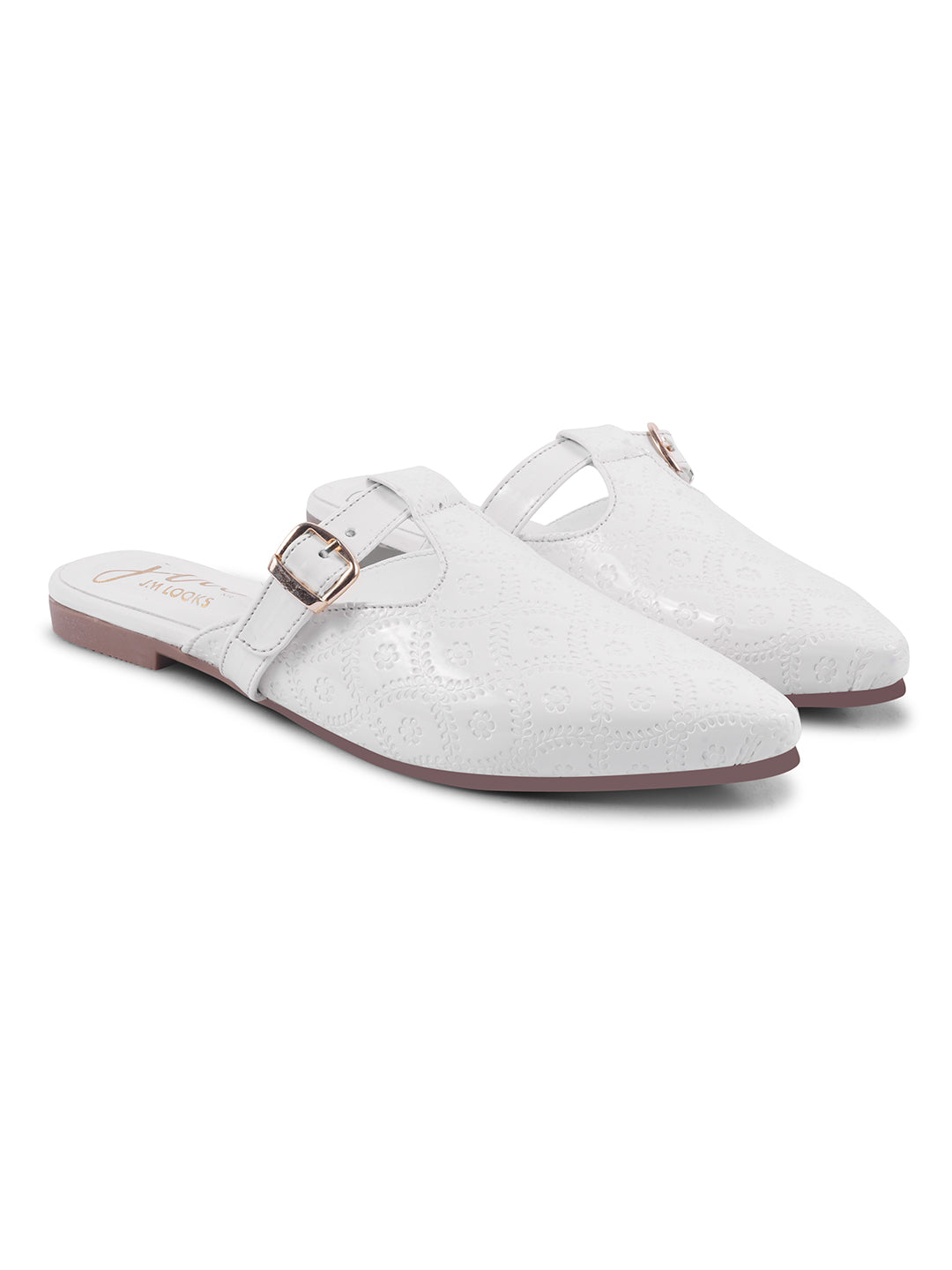 JM Looks women's pointed-toe mules with an embossed pattern and a decorative buckle strap
 White