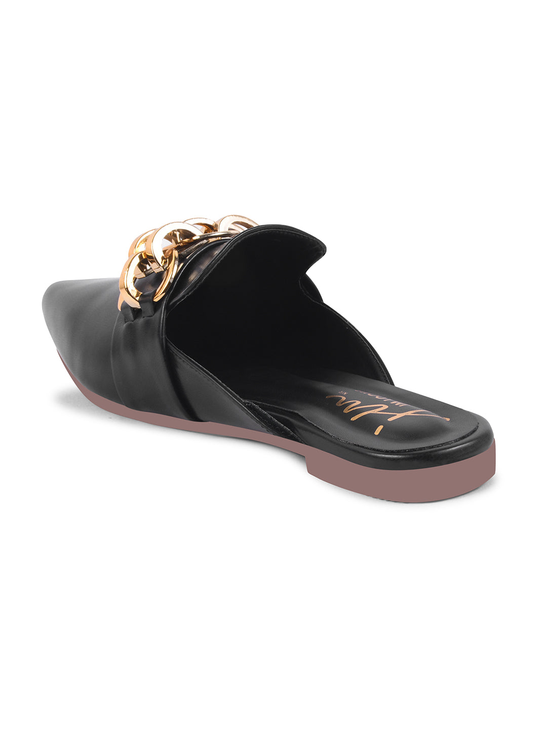 JM Looks women's pointed-toe mules featuring a bold metallic chain detail on the strap
 Black