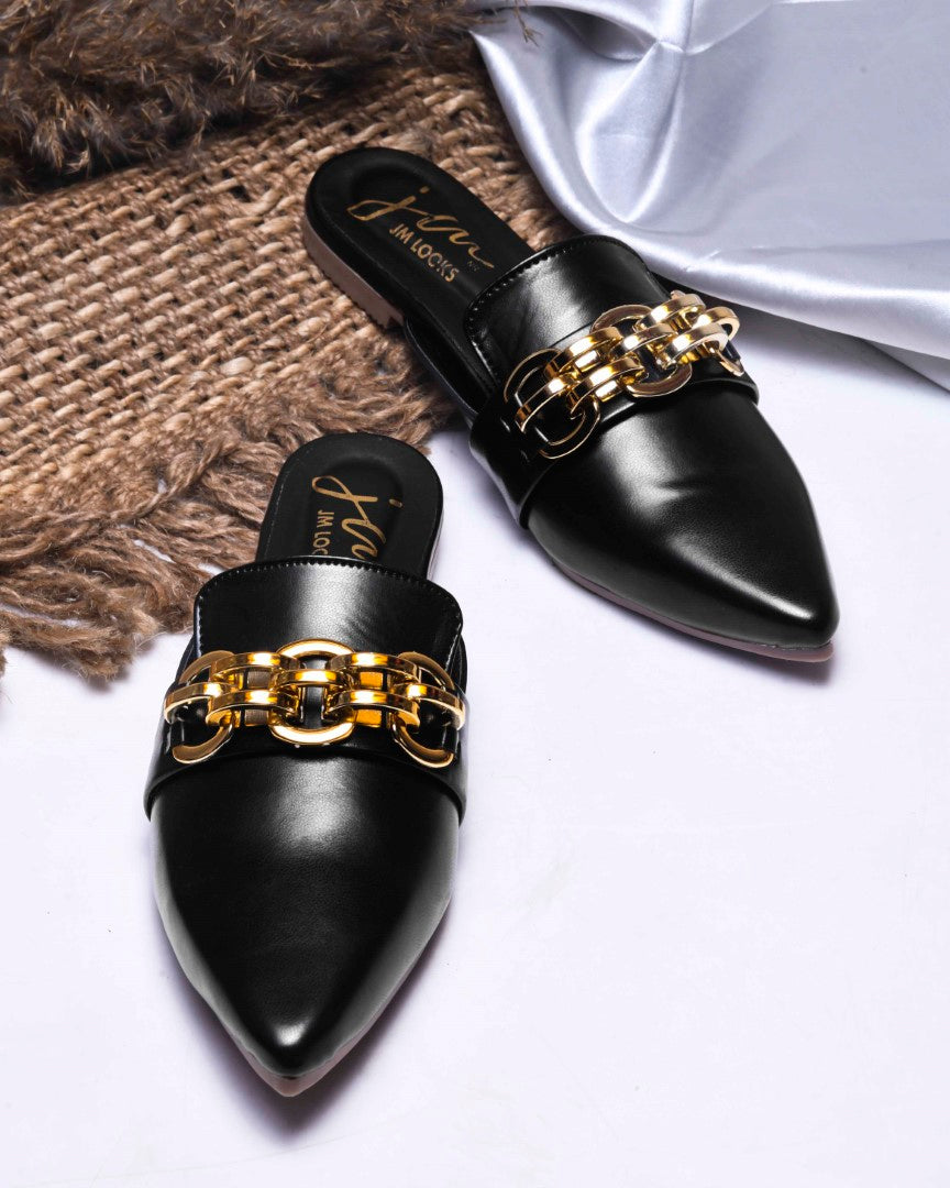 JM Looks women's pointed-toe mules featuring a bold metallic chain detail on the strap
 Black