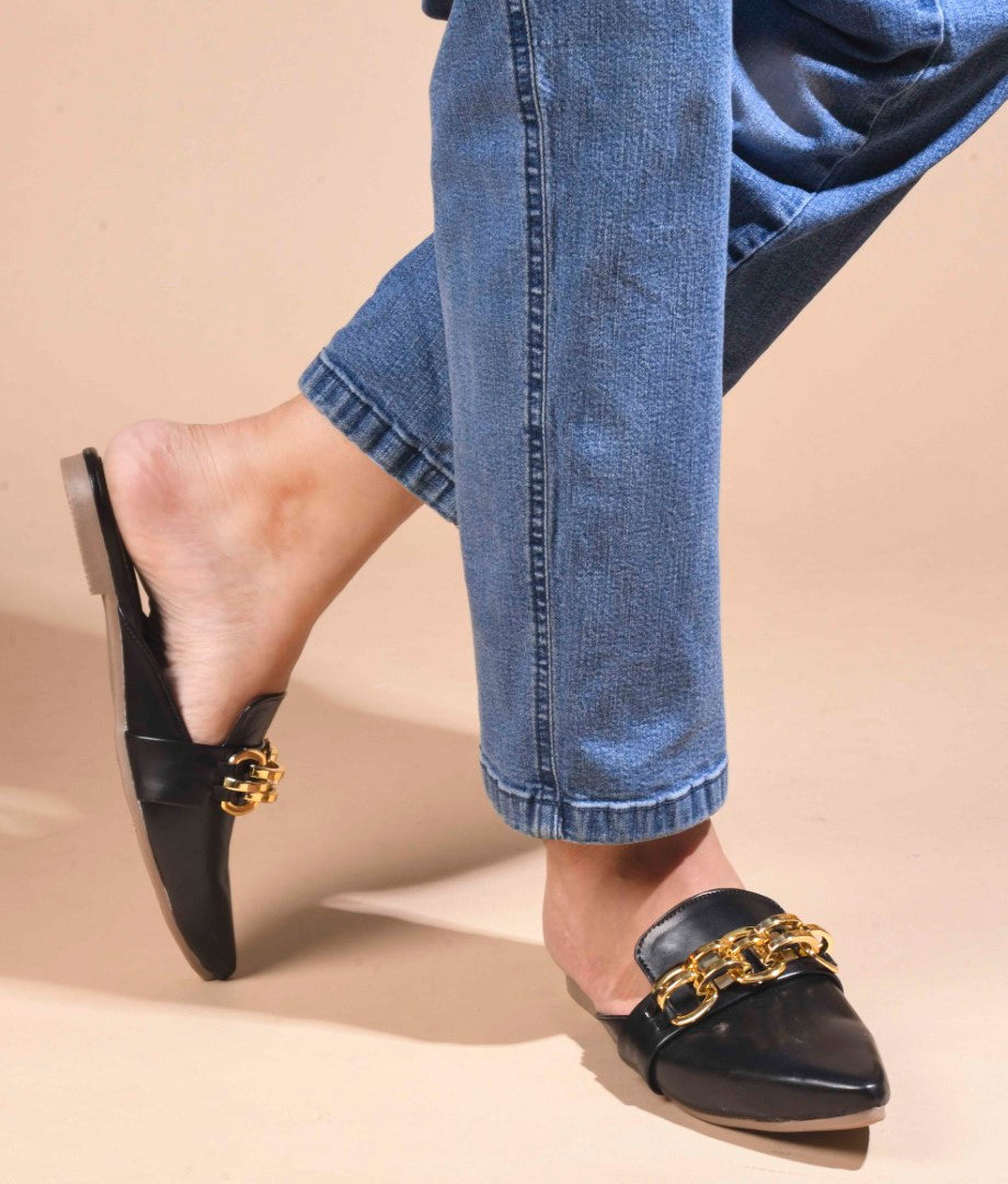 JM Looks women's pointed-toe mules featuring a bold metallic chain detail on the strap
 Black