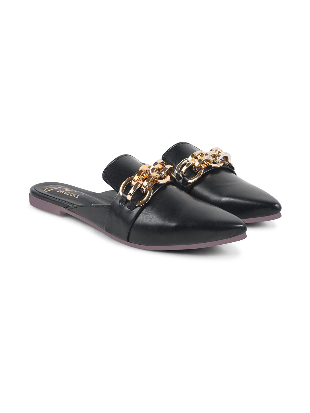 JM Looks women's pointed-toe mules featuring a bold metallic chain detail on the strap
 Black