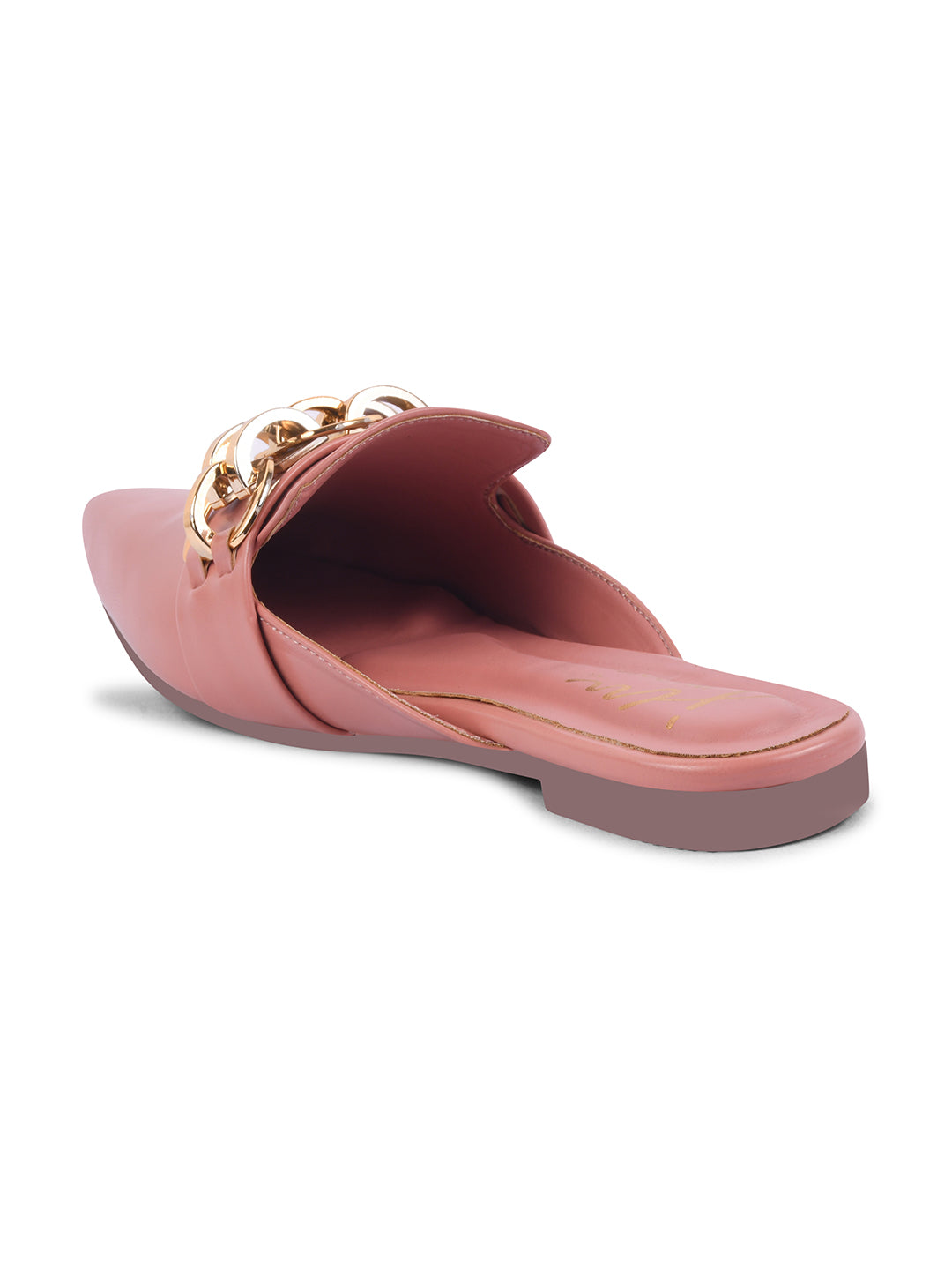 JM Looks women's pointed-toe mules featuring a bold metallic chain detail on the strap
 Peach