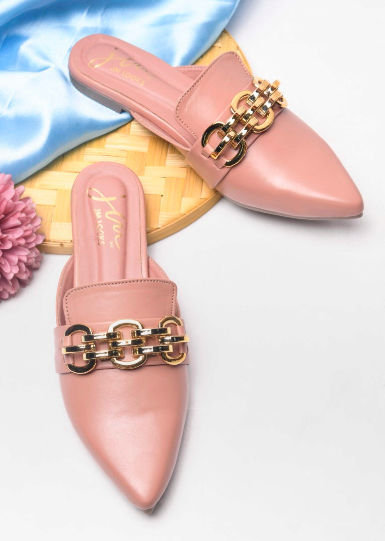 JM Looks women's pointed-toe mules featuring a bold metallic chain detail on the strap
 Peach