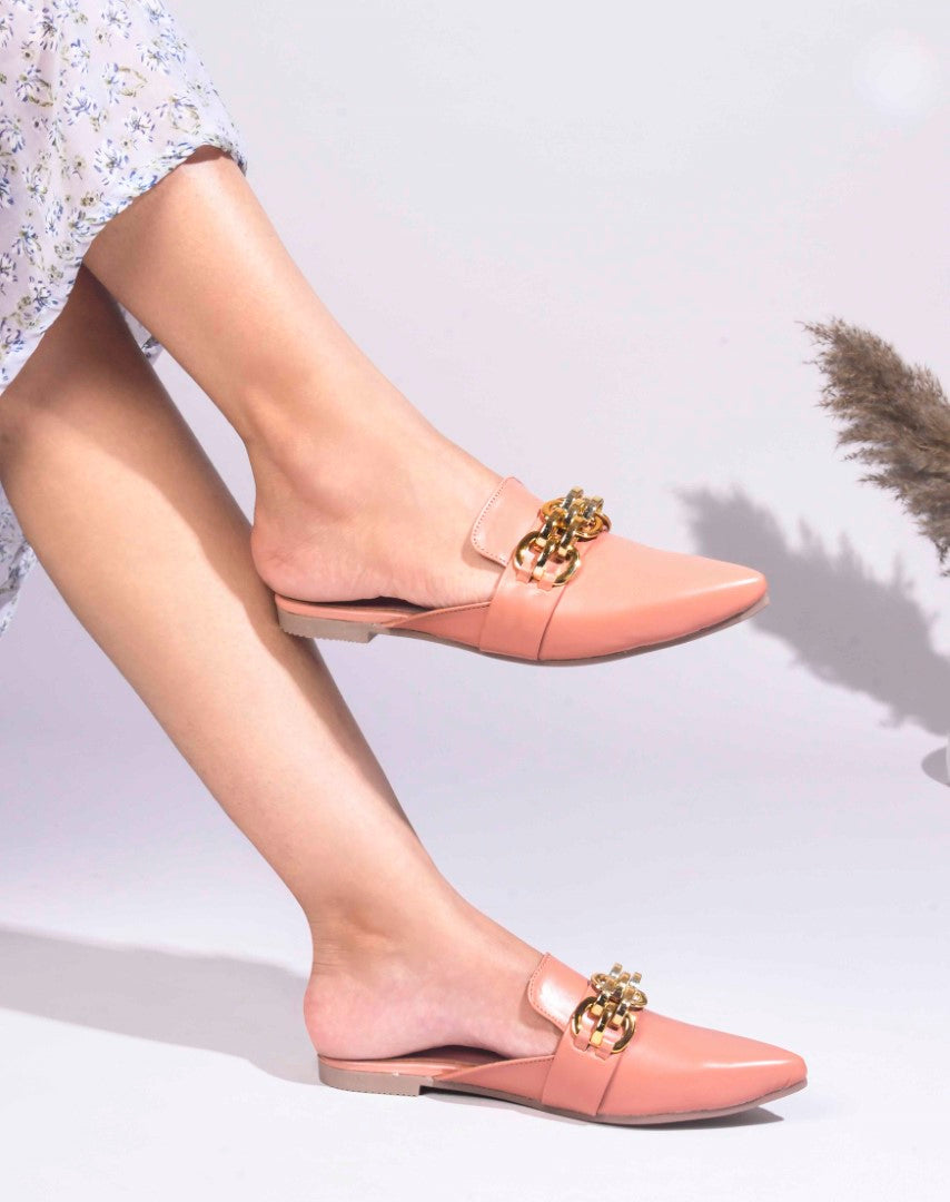 JM Looks women's pointed-toe mules featuring a bold metallic chain detail on the strap
 Peach