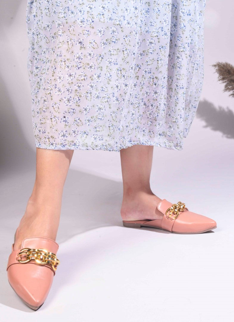 JM Looks women's pointed-toe mules featuring a bold metallic chain detail on the strap
 Peach