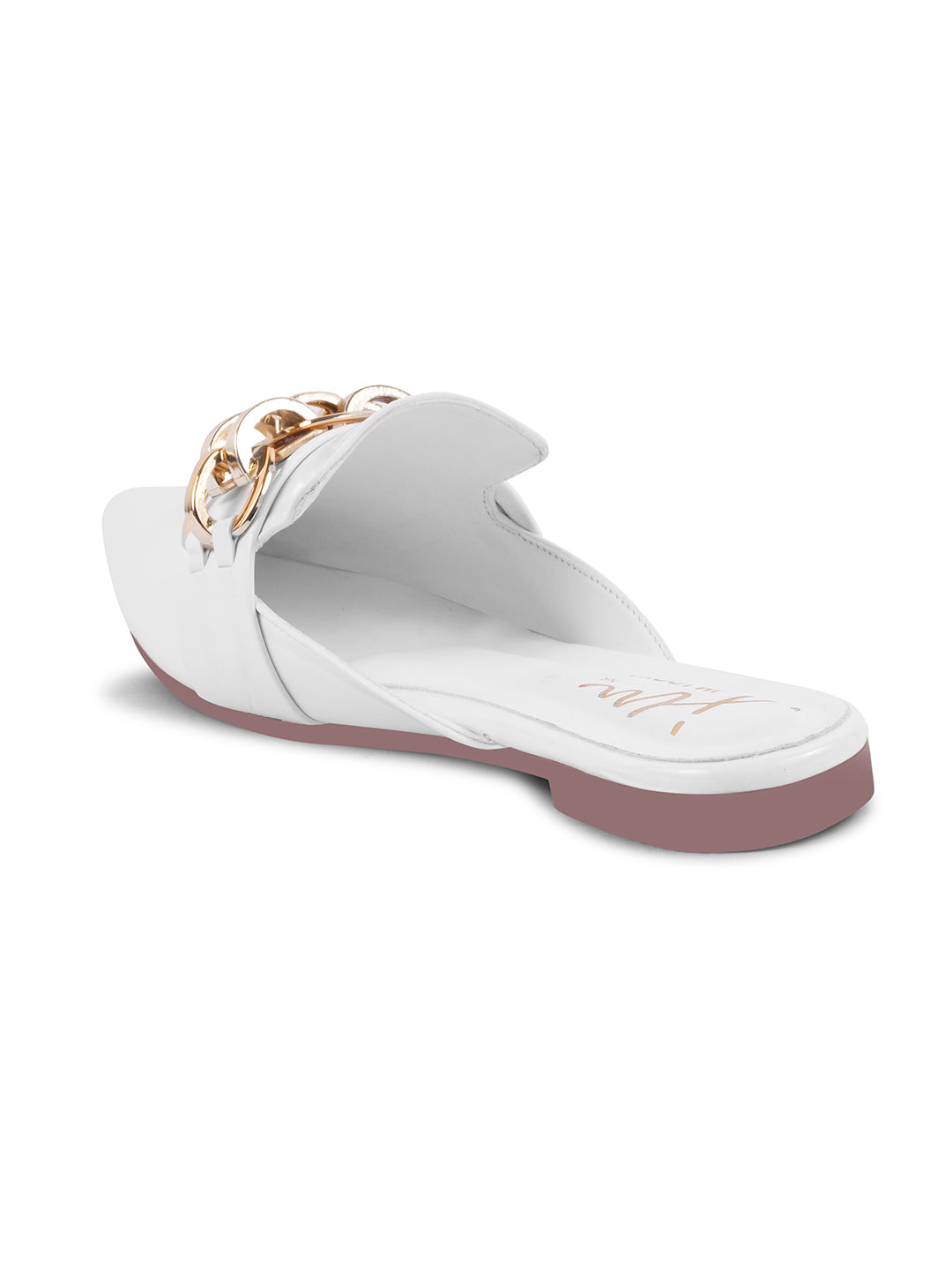 JM Looks women's pointed-toe mules featuring a bold metallic chain detail on the strap
 White