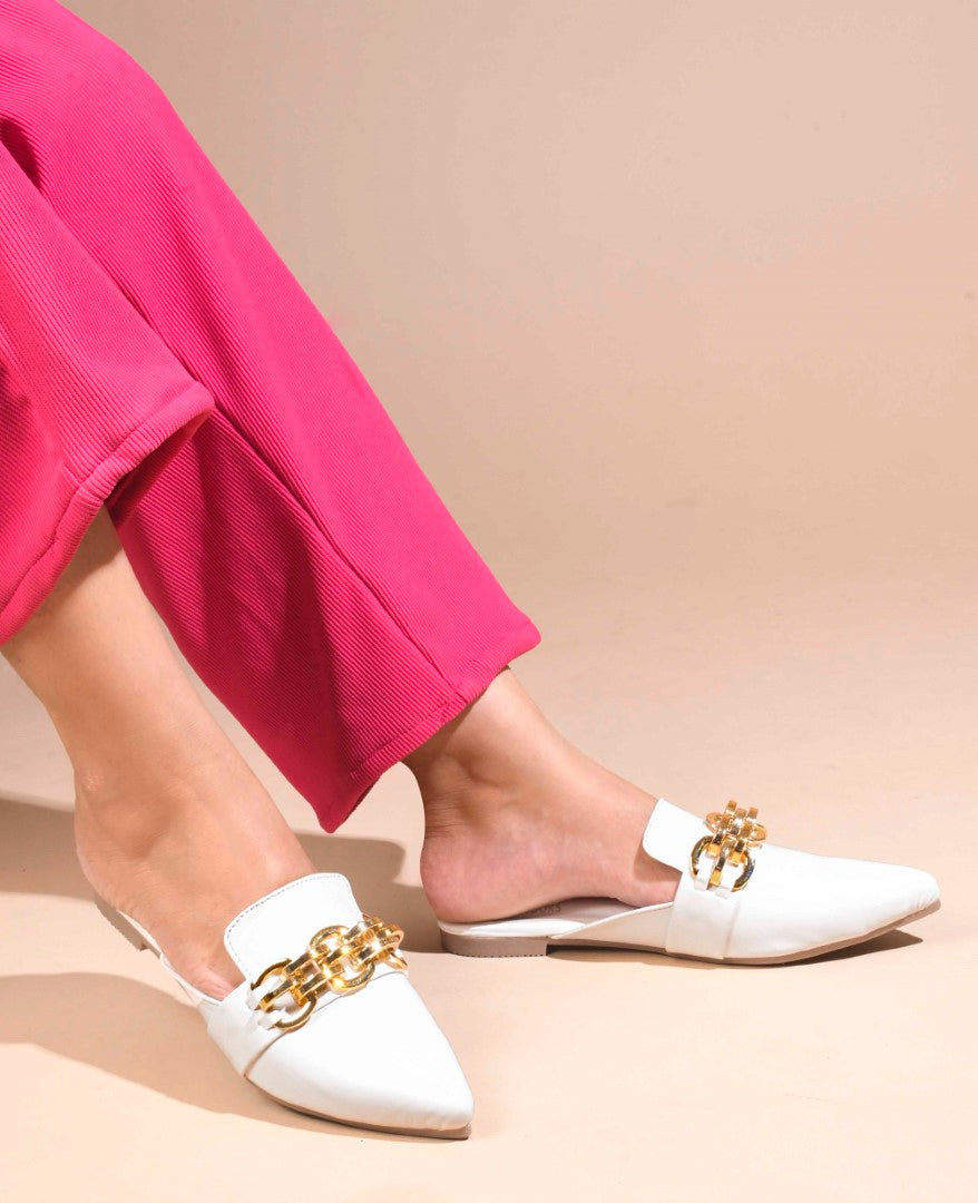 JM Looks women's pointed-toe mules featuring a bold metallic chain detail on the strap
 White