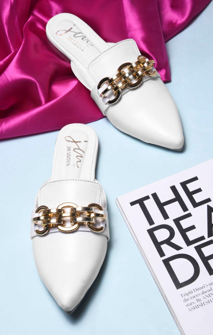 JM Looks women's pointed-toe mules featuring a bold metallic chain detail on the strap
 White