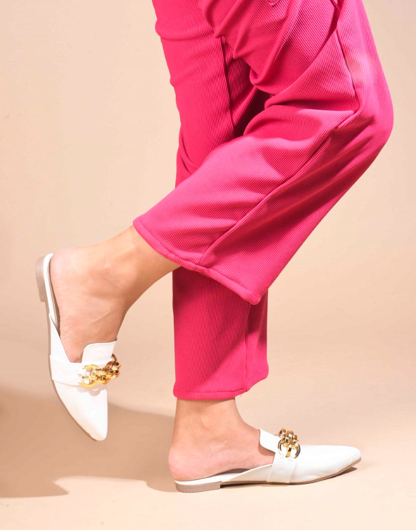 JM Looks women's pointed-toe mules featuring a bold metallic chain detail on the strap
 White