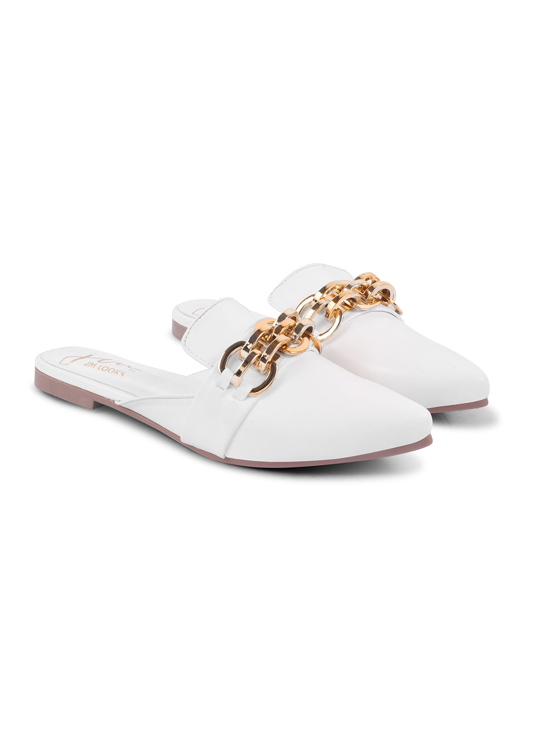JM Looks women's pointed-toe mules featuring a bold metallic chain detail on the strap
 White