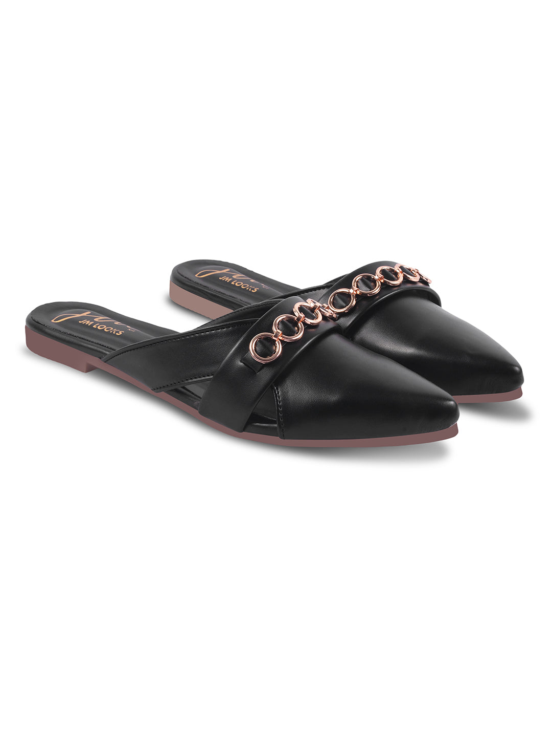 JM Looks women's pointed-toe mules with a strap adorned with circular metallic chain details
 Black