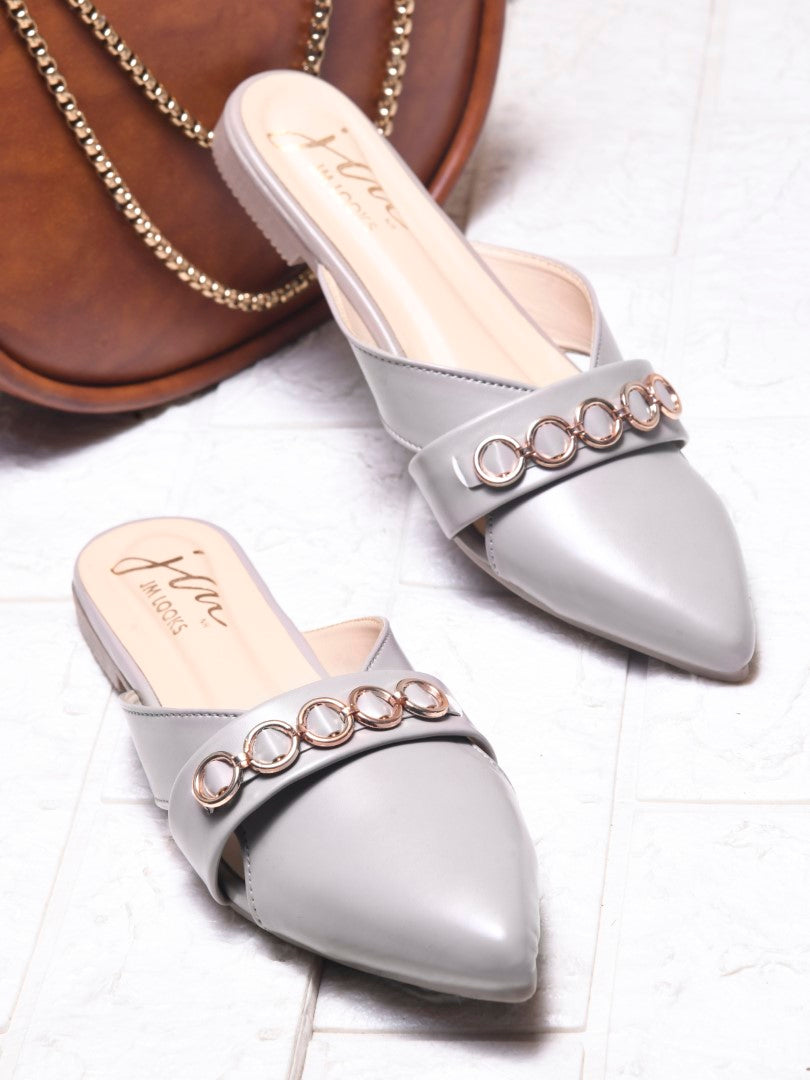 JM Looks women's pointed-toe mules with a strap adorned with circular metallic chain details
 Khaki