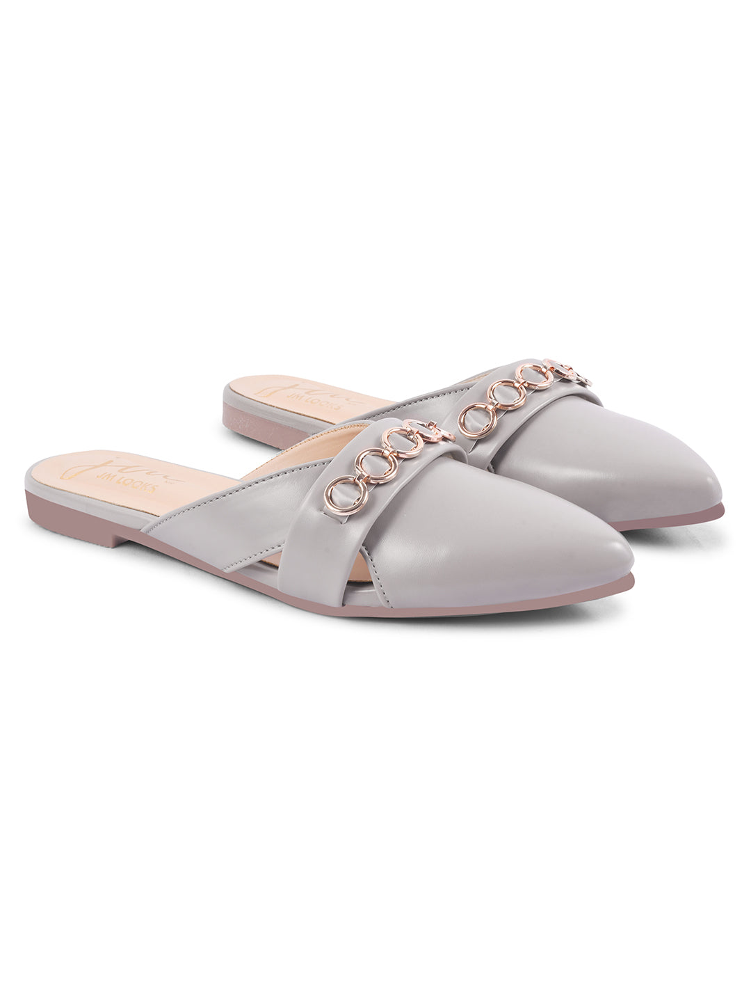 JM Looks women's pointed-toe mules with a strap adorned with circular metallic chain details
 Khaki