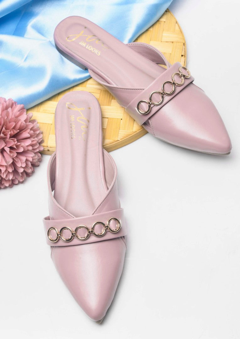 JM Looks Women's Chain Detail Pointed Mules Wood Rose