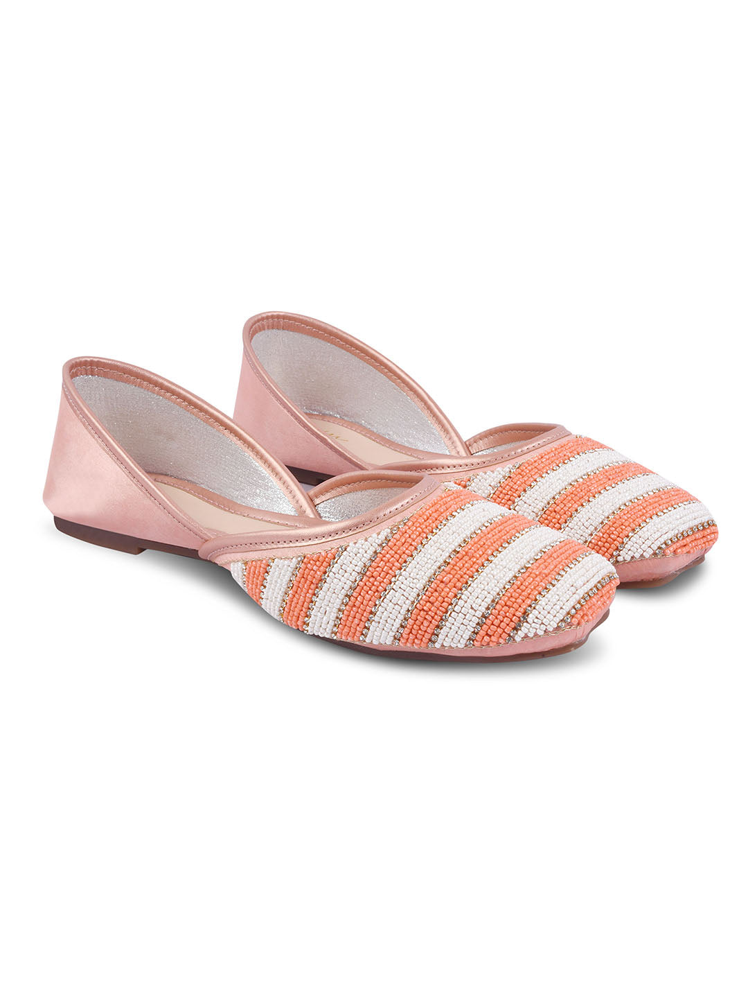 Jm Looks juttis featuring a black and white striped beaded pattern
 Peach