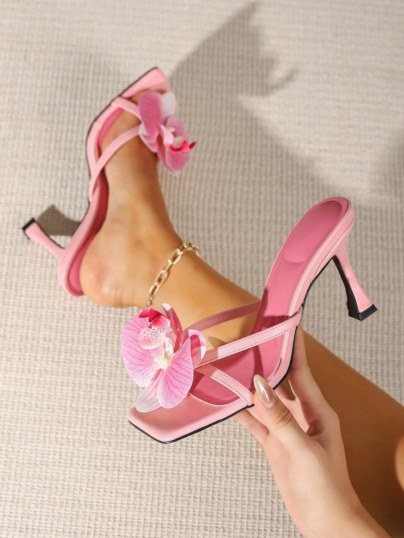 kitten heels with orchid flower and pearl detail, square toe straps, slip-on thong style sandals Pink