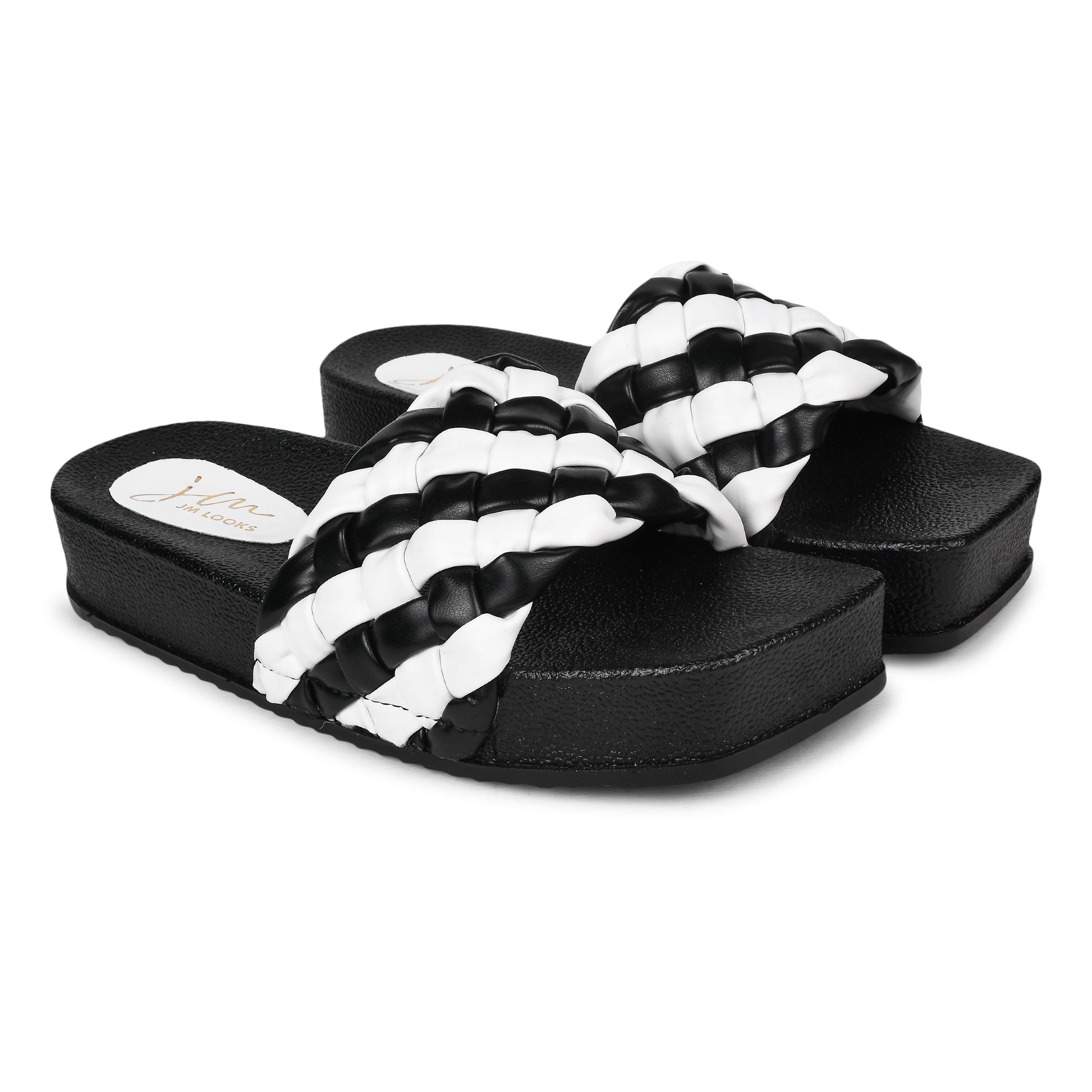 Jm Looks platform slides with a distinctive braided strap
 Black