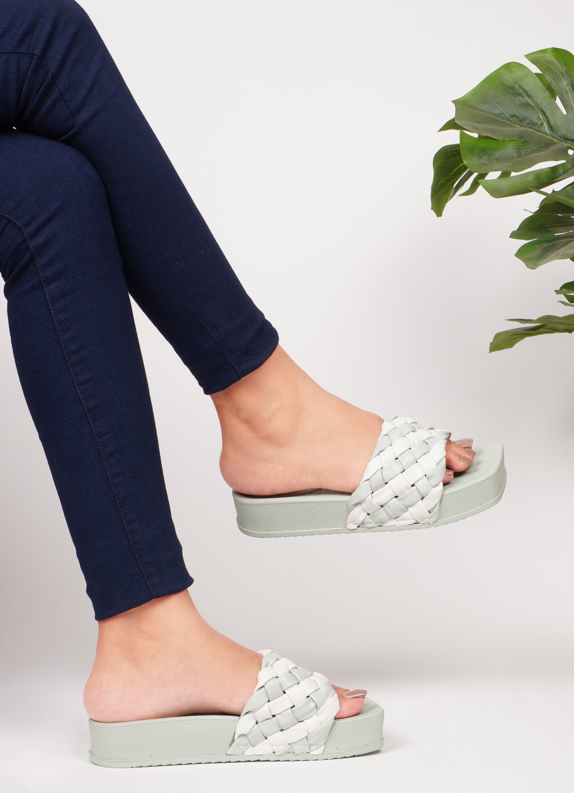 Jm Looks platform slides with a distinctive braided strap
 See Green