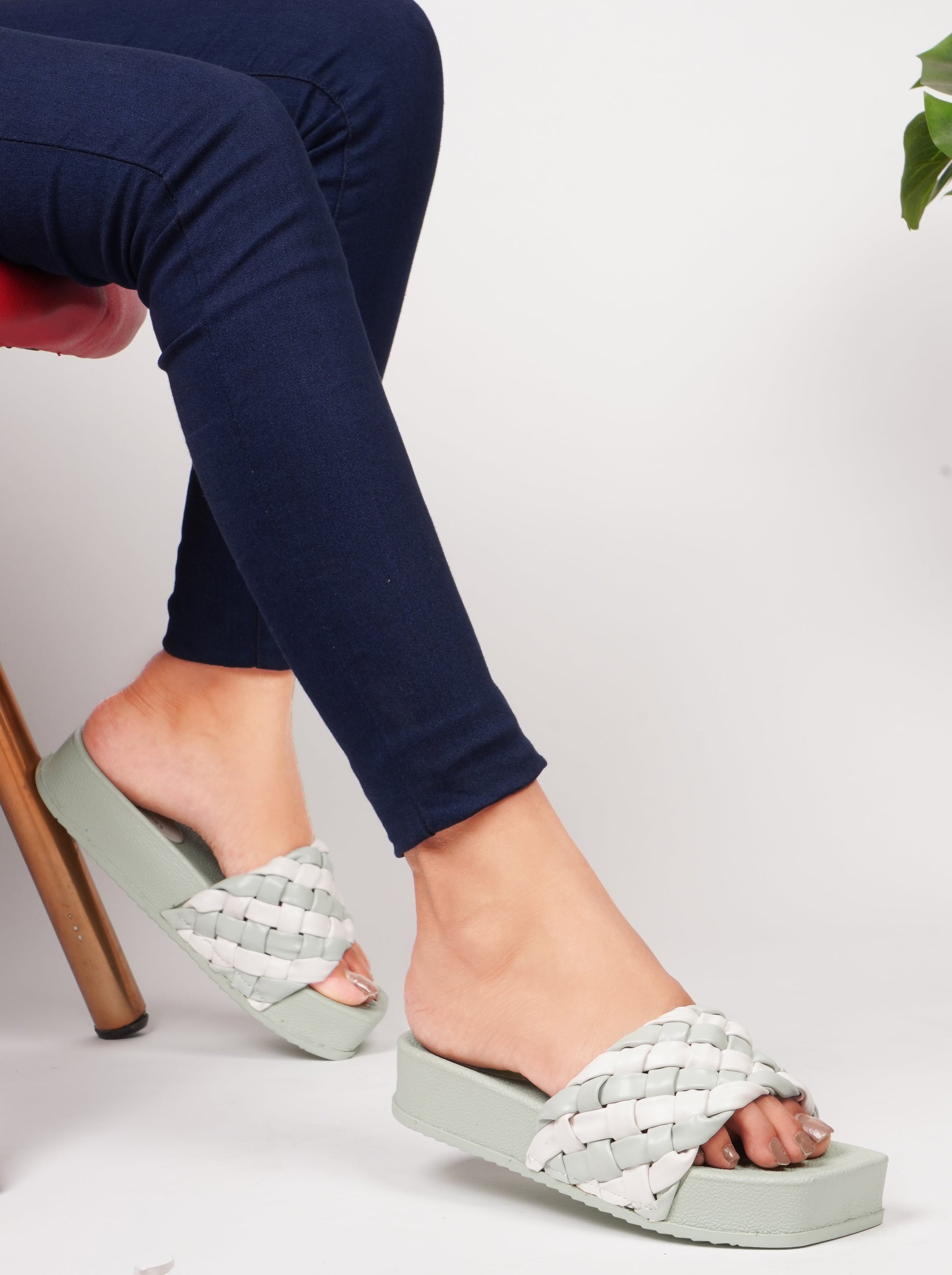 Jm Looks platform slides with a distinctive braided strap
 See Green