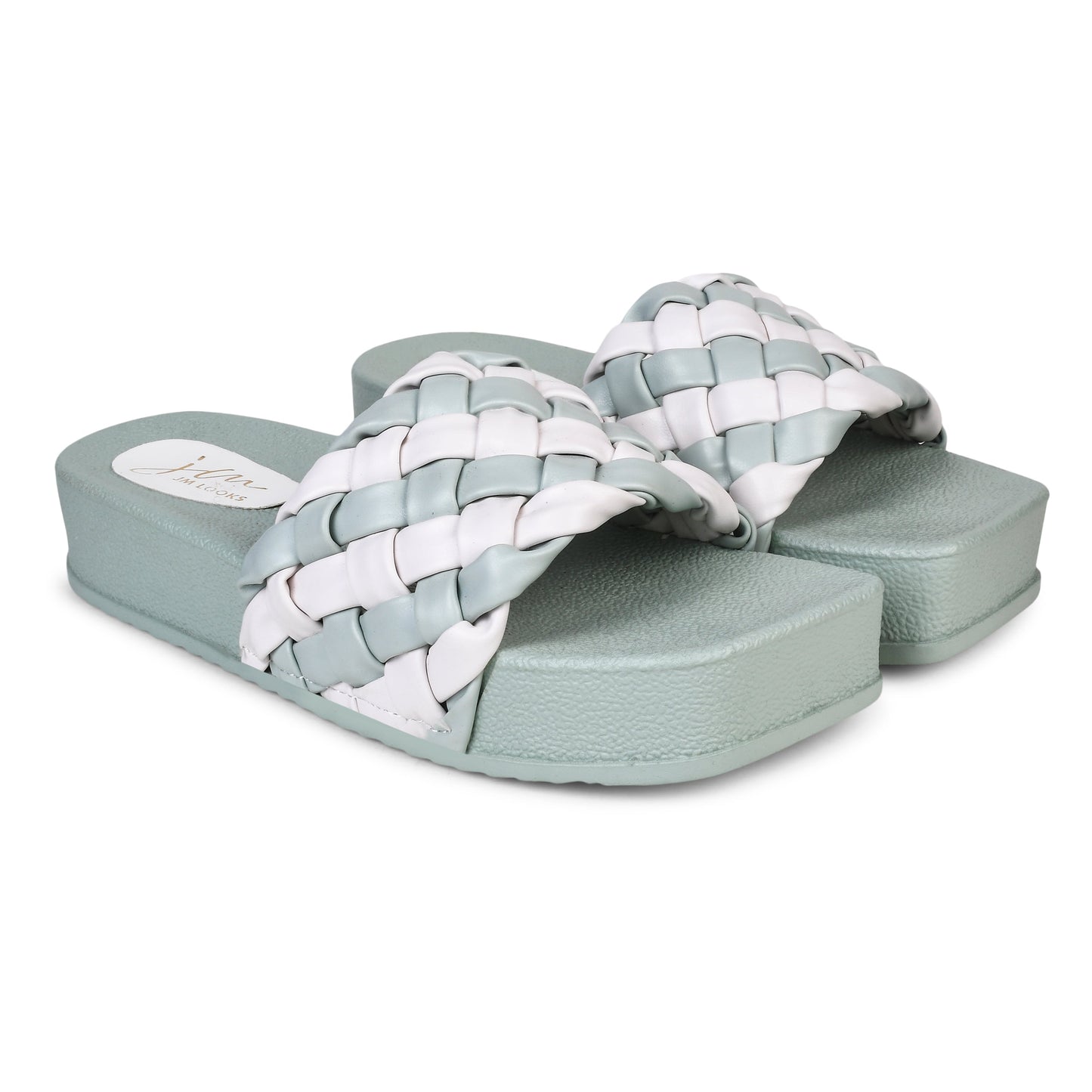 Jm Looks platform slides with a distinctive braided strap
 See Green