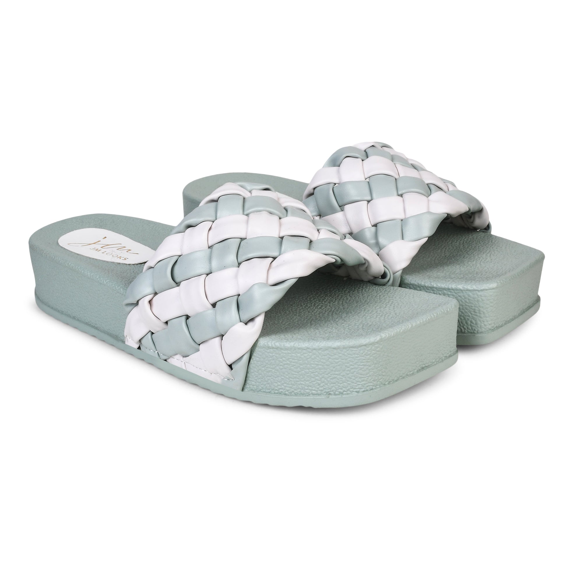 Jm Looks platform slides with a distinctive braided strap
 See Green