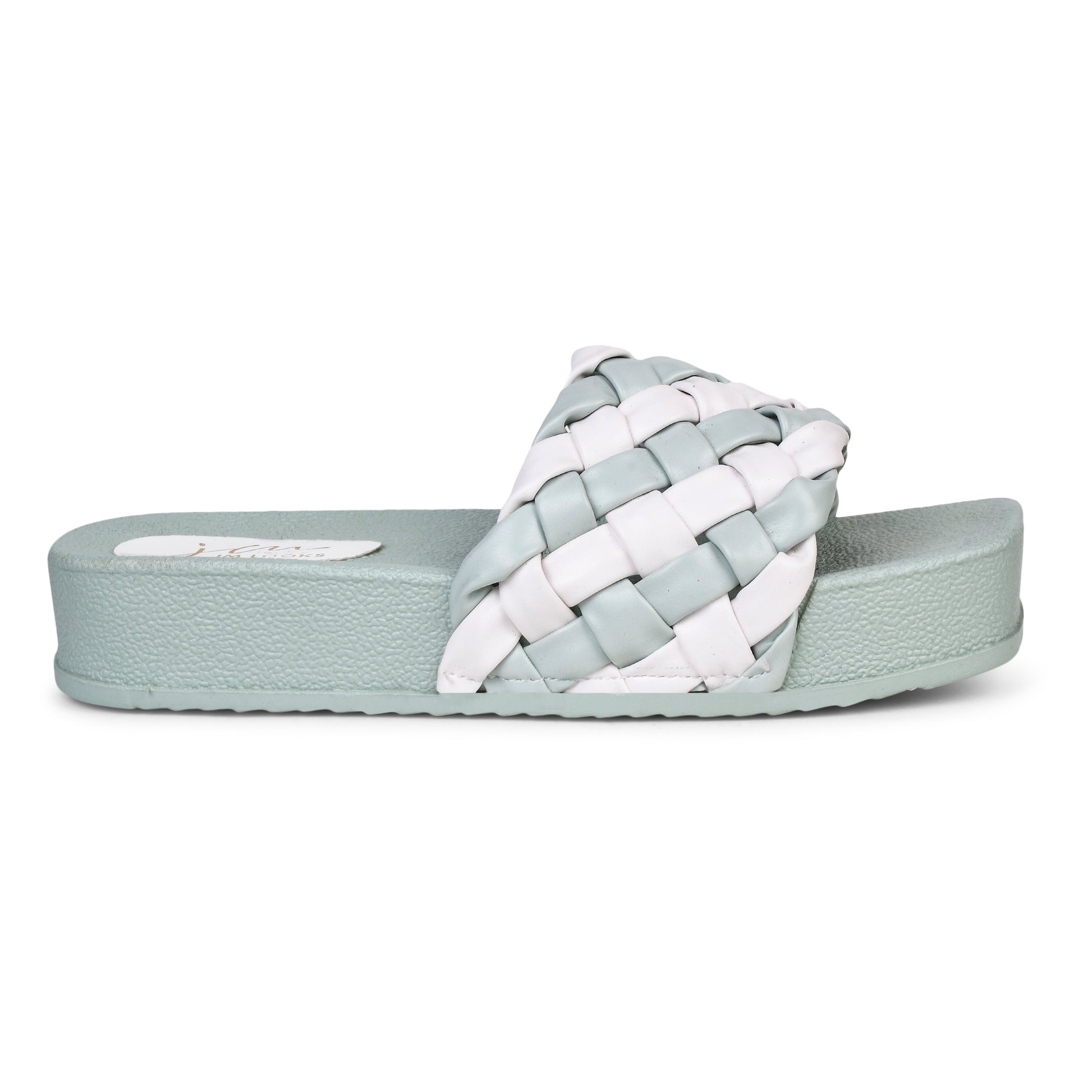 Jm Looks platform slides with a distinctive braided strap
 See Green