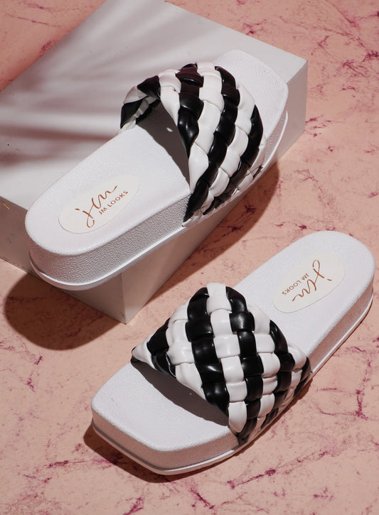 Jm Looks platform slides with a distinctive braided strap
 White