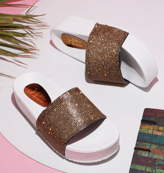 Jm Looks platform slides with a sparkling wide strap and a thick sole
 Copper
