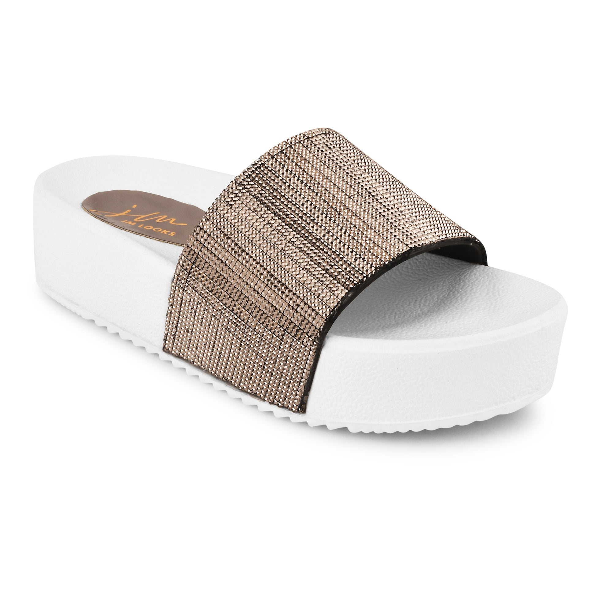 Jm Looks platform slides with a sparkling wide strap and a thick sole
 Grey