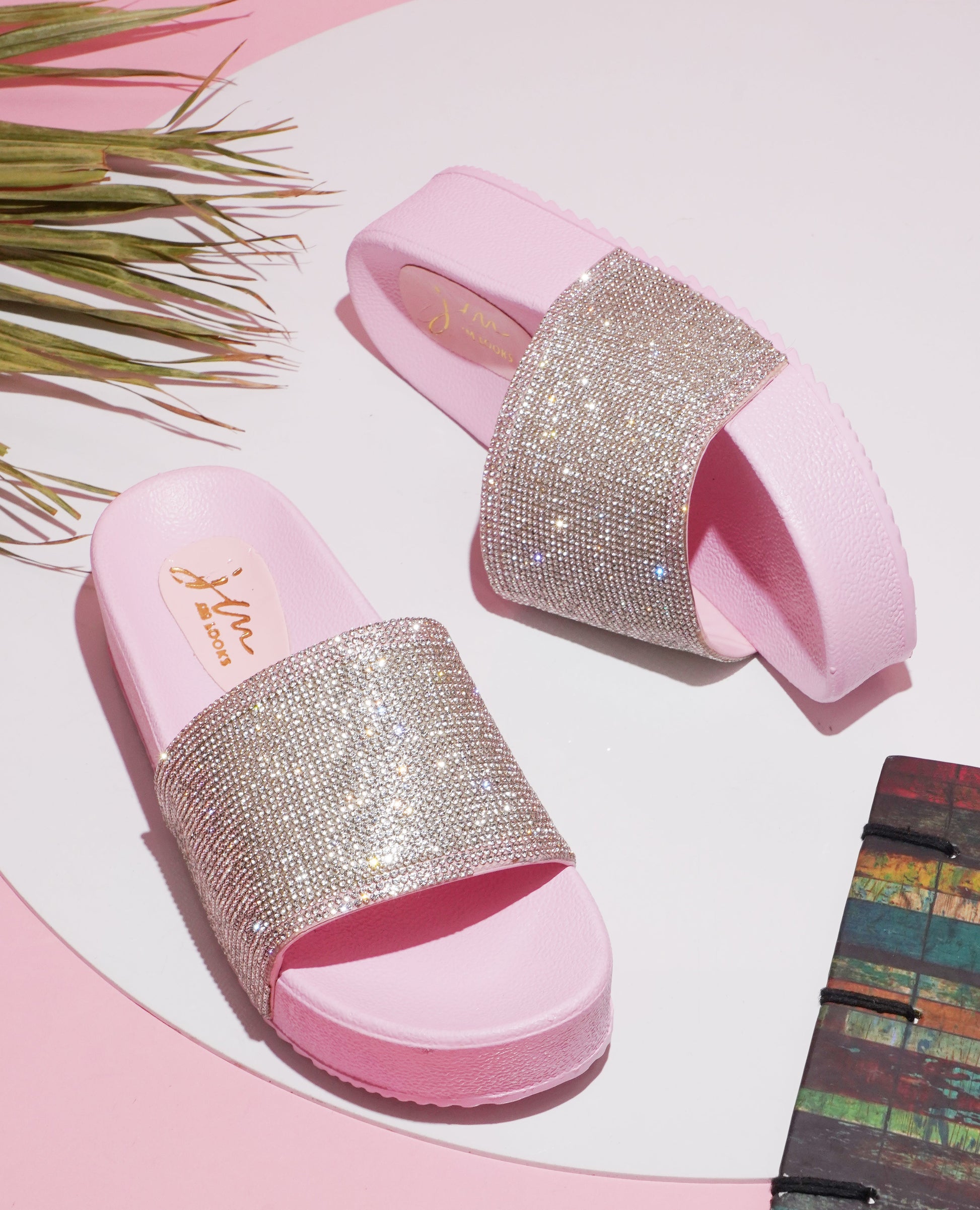 Jm Looks platform slides with a sparkling wide strap and a thick sole
 Pink