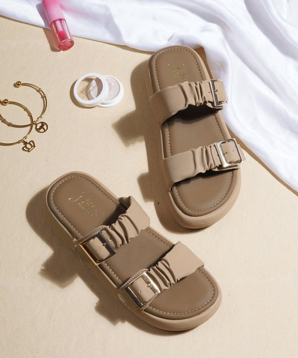 Platform sandals for women in beige with ruched dual straps, gold buckles and thick cushioned footbed