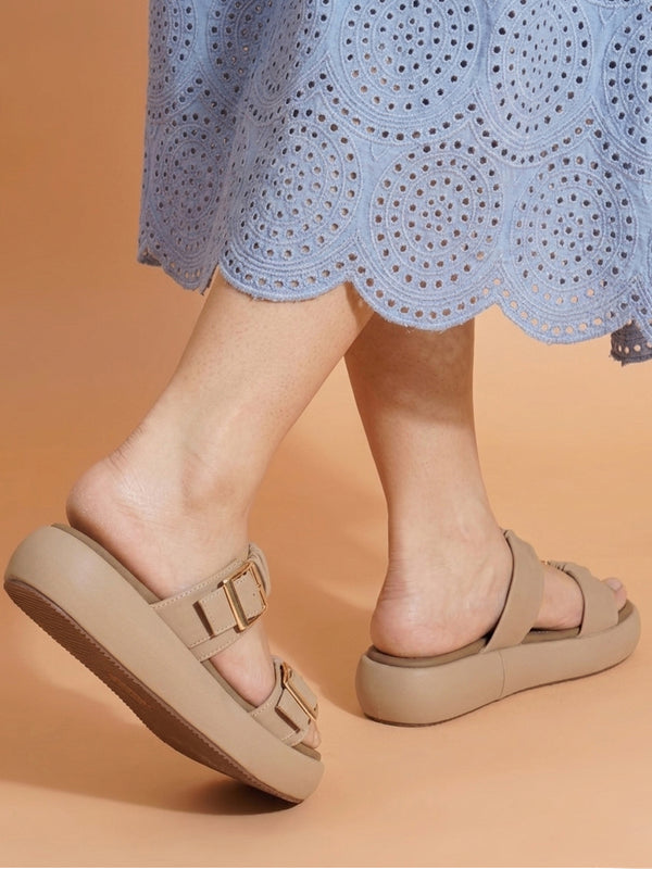 Platform sandals for women in beige with ruched dual straps, gold buckles and thick cushioned footbed
