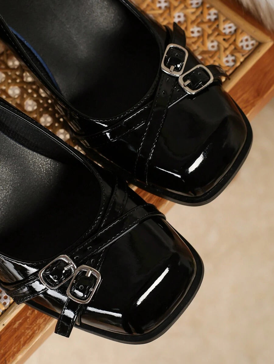 JM Looks Patent Square-Toe Block Heels with Buckle Detail
