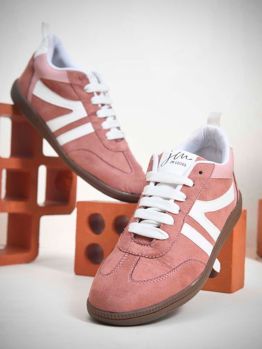 Peach casual sneakers for women featuring white side stripes retro low-top design and brown gum sole