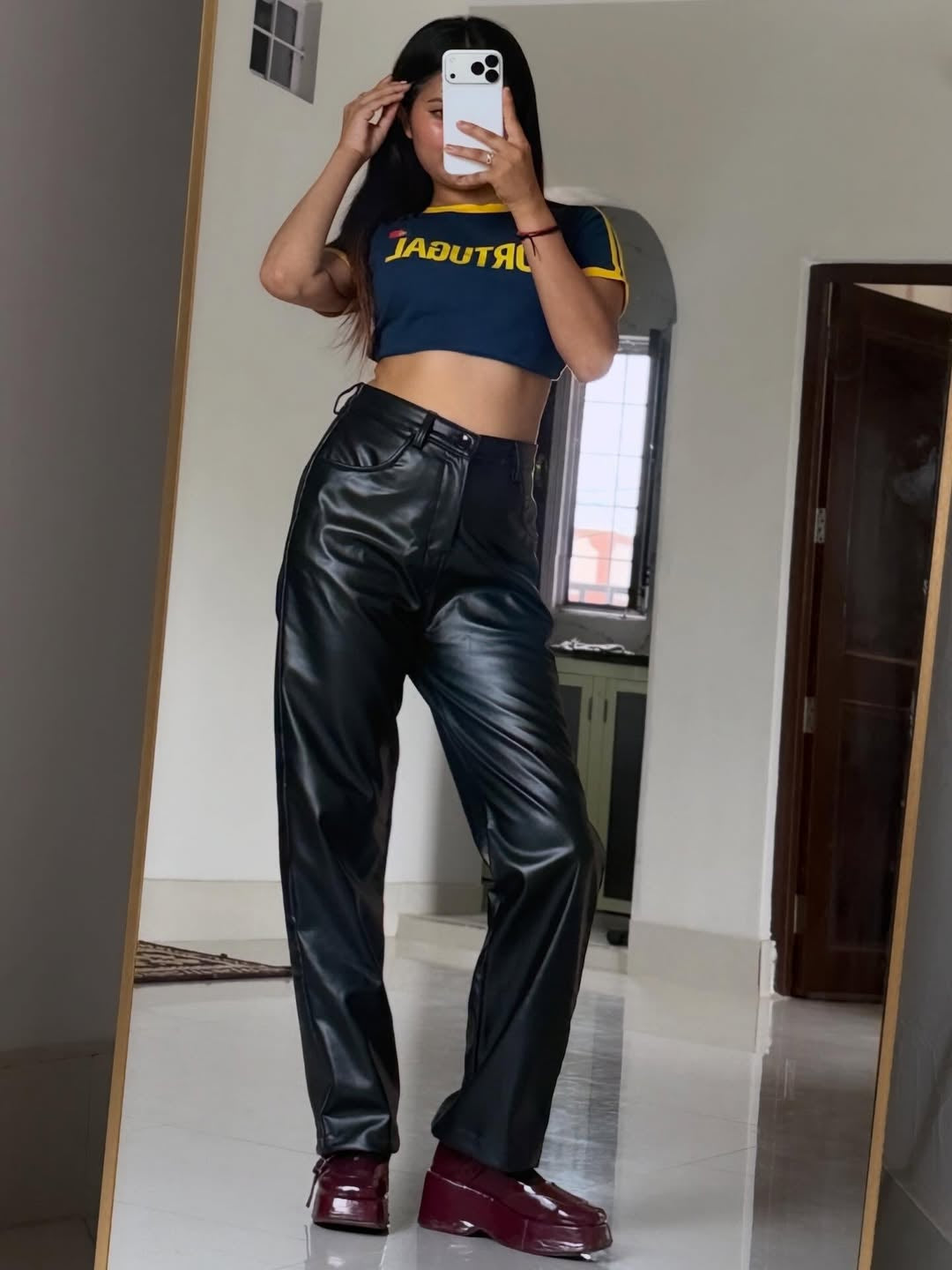 Crop t shirt for women in blue with contrast yellow ribbed neckline, sleeve trims, printed graphic