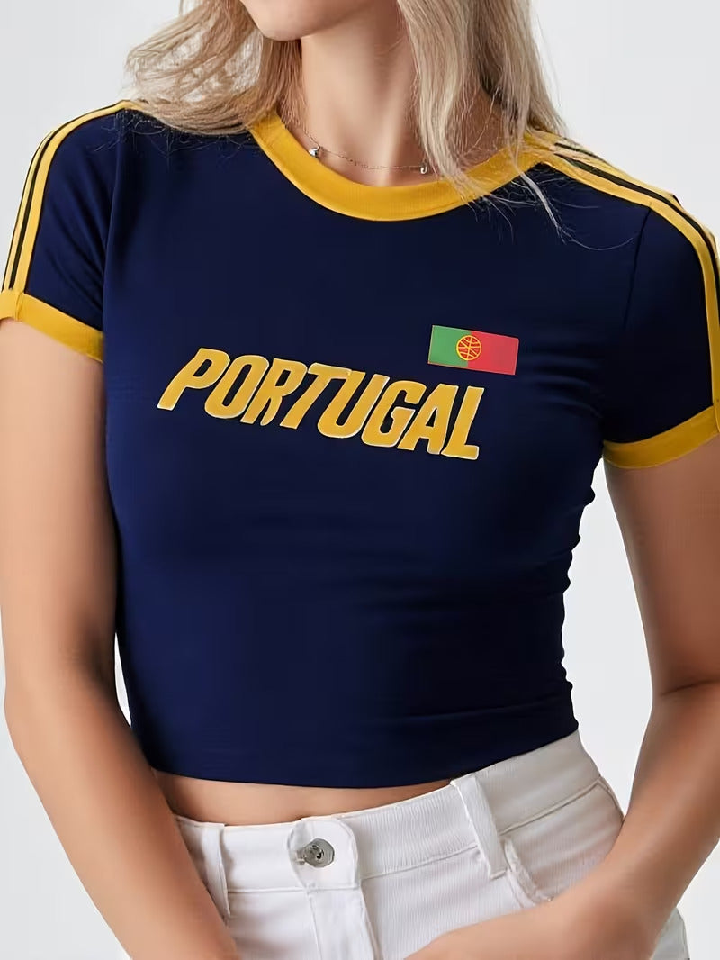 Crop t shirt for women in blue with contrast yellow ribbed neckline, sleeve trims, printed graphic