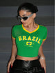 Women's Brazil Graphic Print Fitted Cropped Ringer T Shirt Casual Wear | JM Looks in Green / XS